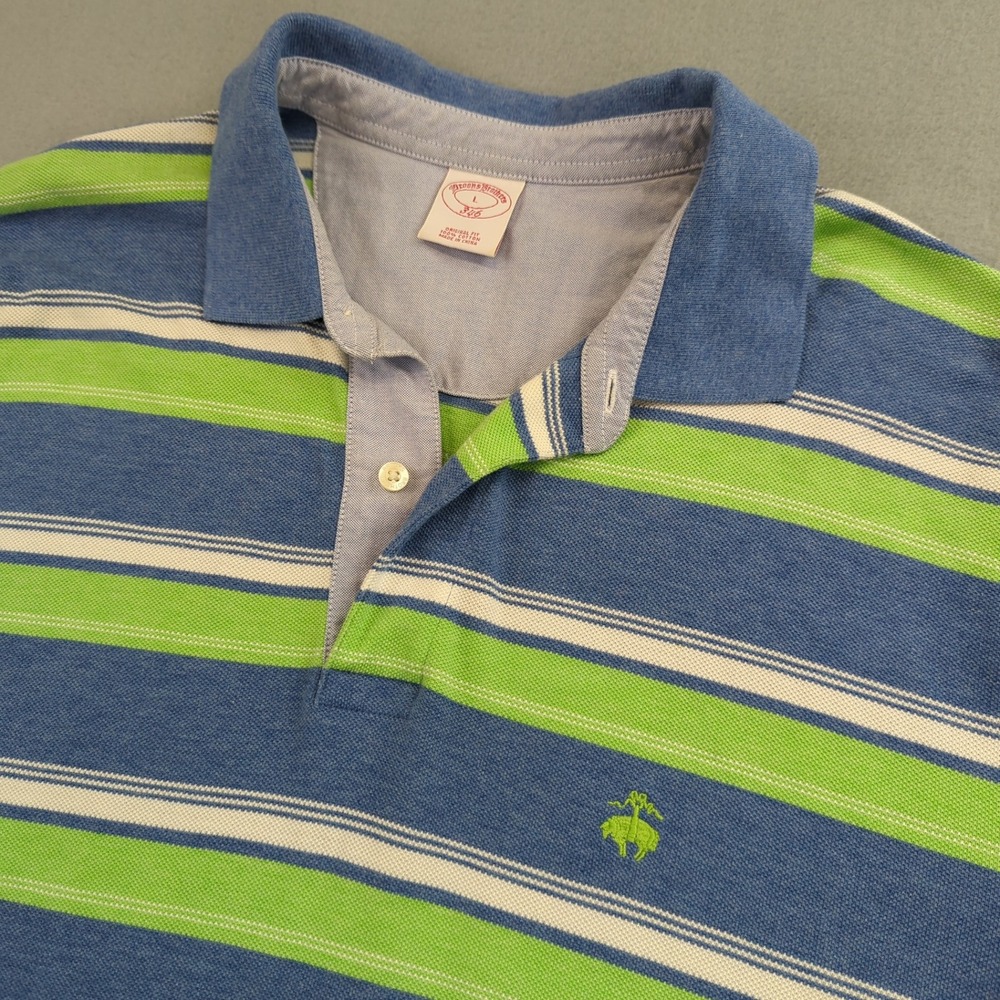 Brooks Brothers Mens Large Polo Shirt Blue Green Striped Contrast Lamb‎ Logo